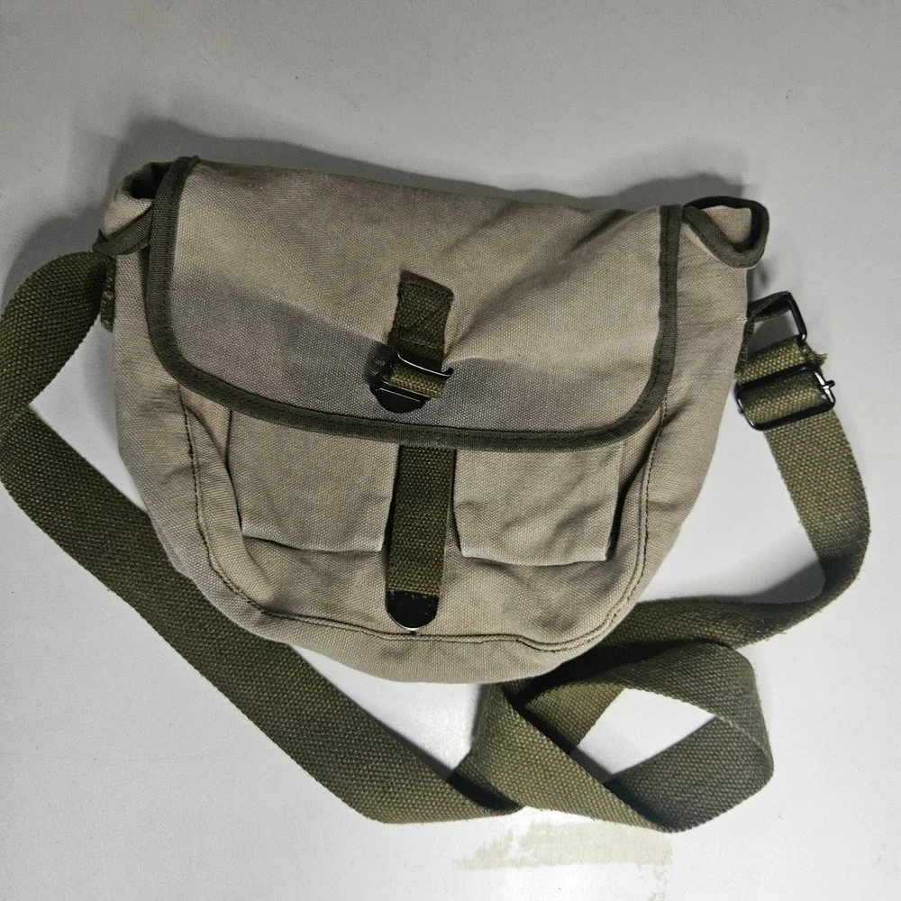 Vintage Canvas Messenger Bag Khaki Olive Green Military Style Crossbody Satchel